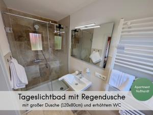 a bathroom with a shower and a sink and a mirror at Gästehaus Philipp im Herzen des Fichtelgebirges - 5 Ferienwohnungen, großes Grundstück, Wald und Wiese, Wohnung mit privater Sauna, kostenfreie Parkplätze, WLAN in Mehlmeisel +62 photos