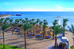 Pickalbatros Palace - Aqua Park Hurghada في الغردقة: اطلالة على شاطئ به نخل والمحيط