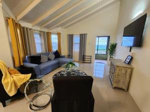 a living room with a blue couch and a tv at Honeycomb Oceanview Villa in Falmouth