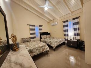 a bedroom with two beds and a ceiling fan at Honeycomb Oceanview Villa in Falmouth +30 photos