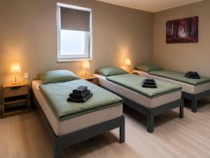 a room with two beds and two lamps and a window at HK-Vermietung - dezent, ordentlich und preiswert mit allem, was es wirklich braucht in Brieselang +18 photos