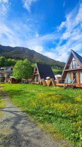 a group of cottages in a field with a road at B&B Cottages Mestia-Sauna & Hot Tub in Mestia