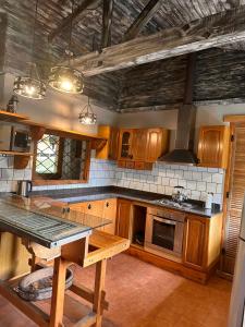 a large kitchen with wooden cabinets and a table at Las Carpitas in Villa Mascardi