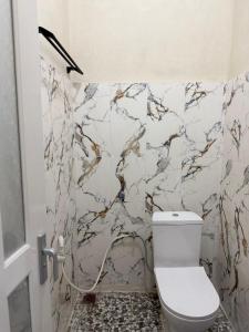 a bathroom with a toilet and a marble wall at Homestay Whale Shark in Pohe
