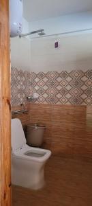 a bathroom with a toilet and a tile wall at Ochre Spiti in Lara