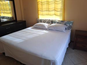 a bedroom with a large white bed with a mirror at Parrot Heights in Micoud