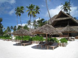 uma praia com cadeiras e guarda-sóis e palmeiras em Zoi Boutique Hotel Zanzibar ex Sunshine Hotel em Matemwe
