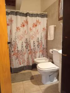 a bathroom with a toilet and a shower curtain at Cabañas La Brama in Aluminé +13 photos