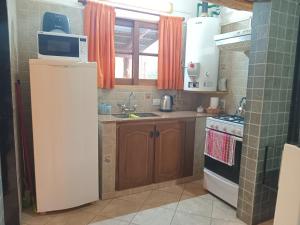 a small kitchen with a refrigerator and a sink at Cabañas La Brama in Aluminé