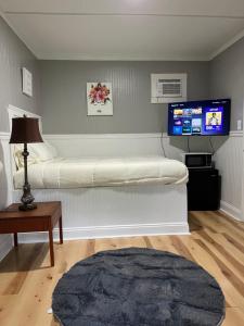 a bedroom with a bed and a flat screen tv at Brooklyn's Tiny Apartment Pets Welcome in North Little Rock