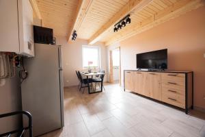 a kitchen with a refrigerator and a table with chairs at Agroturystyka Oliweczka 24 in Potok Wielki