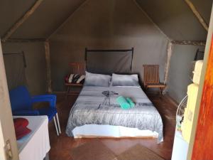 a bedroom with a bed and two chairs in a tent at African Dream Tents in Graskop