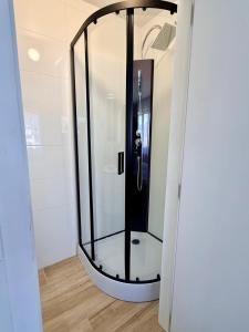 a shower with a glass door in a bathroom at Hôtel Albert 1er in Malmedy