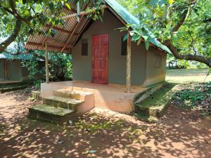 a small house with a red door and steps at African Dream Tents in Graskop