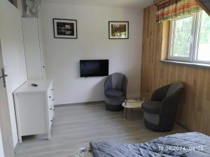 a living room with two chairs and a television at Siedlisko - Lipnik, cisza spokój wsród drzew in Nielisz