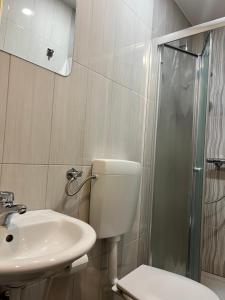 a bathroom with a toilet and a sink and a shower at Apartma Tri Planike in Mojstrana +15 photos