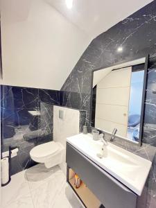 a bathroom with a sink and a toilet and a mirror at Cosytel in Bègles