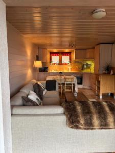 a living room with a couch and a kitchen at Charmant appartement avec jardin et magnifique vue in Saint-Jean-de-Sixt