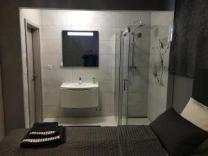 a bathroom with a shower and a sink and a mirror at Rooms Banjac in Maribor