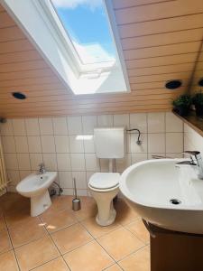 a bathroom with a toilet and a sink and a skylight at Ruhige Wohnung in Meschede in Meschede