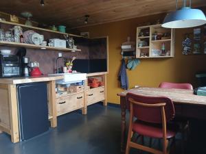a kitchen with a counter and a table with chairs at 't Prentenhokkie in Stuifzand