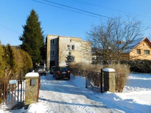 烏斯特龍的住宿－Pokoje Gościnne Dastin，雪中房子的大门