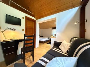 a living room with a couch and a desk and a chair at Red Lake Inn in Gheorgheni +22 photos
