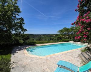 a swimming pool with a chair and a tree at Chez Caro in Mourjou