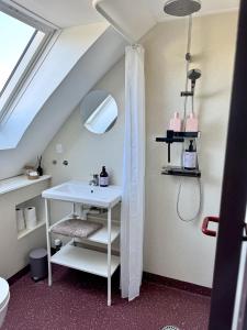 a bathroom with a white sink and a mirror at Groland Bornholm B&B in Pedersker +74 photos