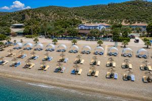an aerial view of a beach with chairs and umbrellas at Blue Park Beach Otel in Ayvacık