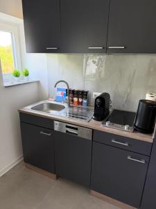 a kitchen with a sink and a counter top at Stillvolle Apartment NV in Neukirchen-Vluyn +19 photos