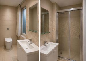two pictures of a bathroom with a sink and a shower at Link Point -Private room in shared Apartment in Misraħ Il-Barrieri