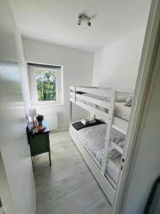 a bedroom with two bunk beds and a window at Le Petit Bourdieu - Chevreuil in Jurançon