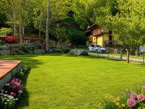 a yard with a green lawn and a house at Casa di Maen in Valtournenche