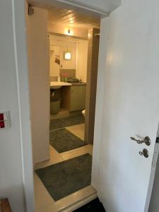 a hallway of a bathroom with a toilet and a sink at BeBaBopS Homestay Sønderborg in Sønderborg +14 photos