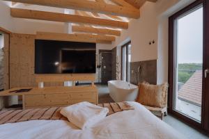 a bedroom with a large television and a bath tub at Winzerhof - Deutsch Haseldorf in Deutsch Haseldorf
