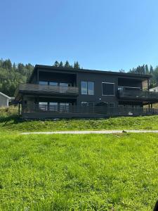 a large black house on a grass field at Loen Panorama in Stryn