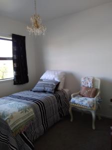 a bedroom with a bed and a chair and a chandelier at Tulip Apartment in Cambridge