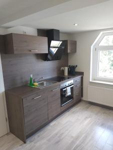 a kitchen with wooden cabinets and a sink and a window at Ferienapartment Meiss in Erdeborn