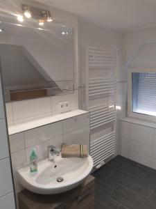 a white bathroom with a sink and a mirror at Ferienapartment Meiss in Erdeborn +39 photos