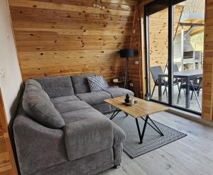 a living room with a couch and a table at Hill House Doftana in Seciuri