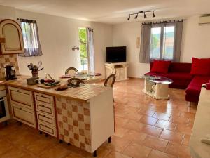 a kitchen and living room with a red couch at location verdon in Les Salles-sur-Verdon
