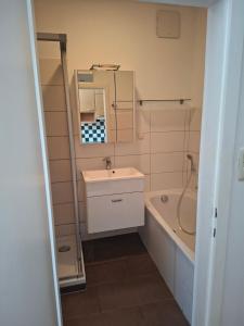 a bathroom with a sink and a tub and a mirror at BlumentrittAppartment in Sankt Aegyd am Neuwalde +32 photos