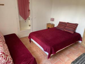 a bedroom with a bed with a red blanket at location verdon in Les Salles-sur-Verdon