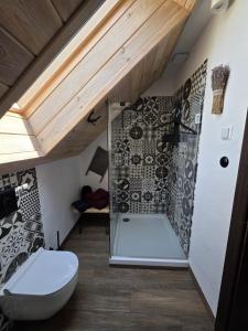 a bathroom with a toilet in a attic at Woodland Apartment Small in Berezka