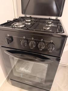 a black stove top oven sitting in a kitchen at Dragasani Cozy Apartament in Drăgăşani