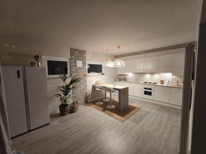 a kitchen with a refrigerator and a table in it at Travel Baiot'S in Villanova di Farra