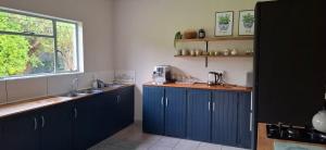 a kitchen with blue cabinets and a window at Storms River Family Accommodation in Stormsrivier