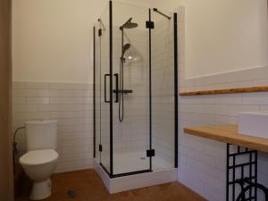 a bathroom with a toilet and a glass shower at Škola Kačerov in Zdobnice