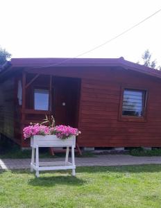 a house with a bench with flowers in it at Pod starą chatą 2 in Wicie